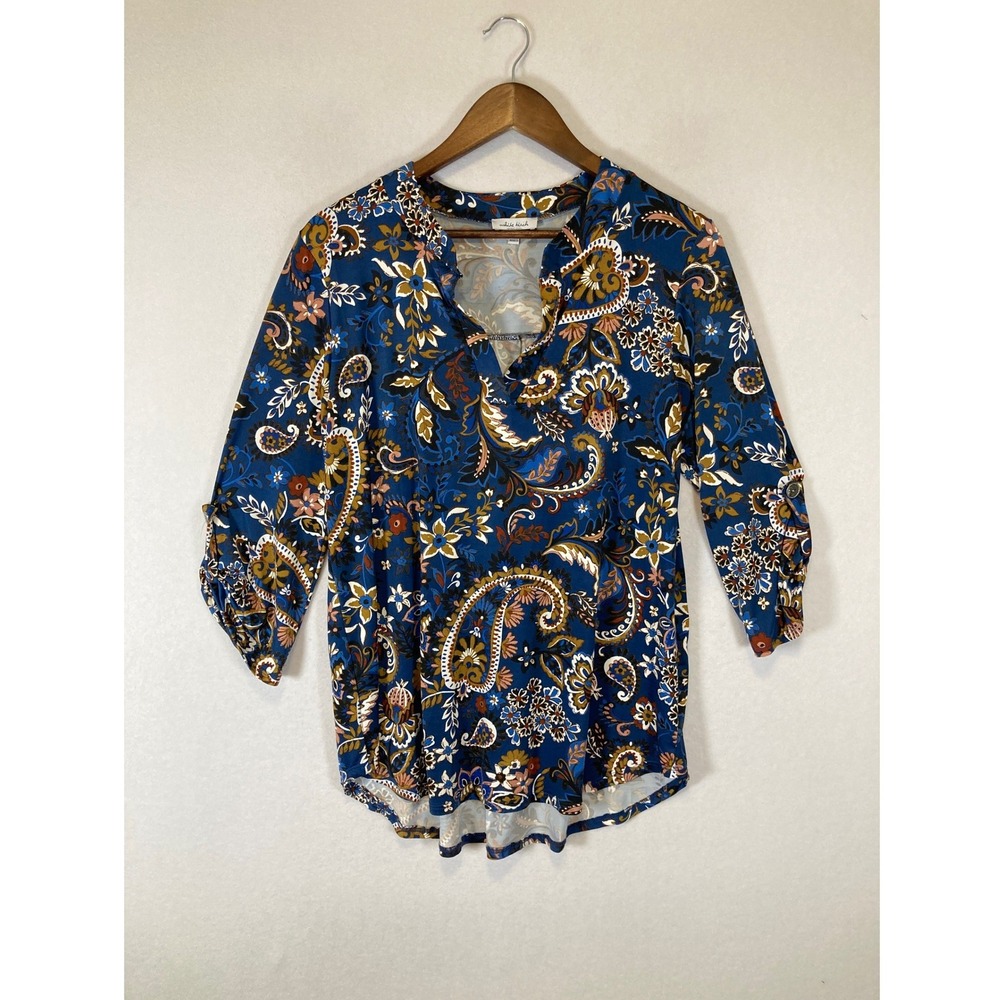 Boho White Birch‎ Womens Size M Blue Paisley Floral Roll Tab Sleeve V-Neck Tunic